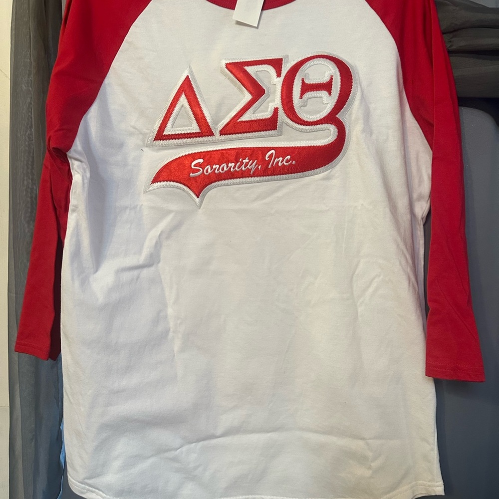 Red and White Long Sleeve Tee with Greek Letters